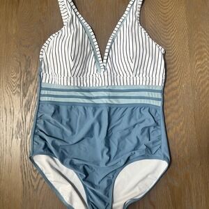 BMJL Womens One Piece Swimsuit Blue Striped V Neck Tummy Control Ruched XL NEW